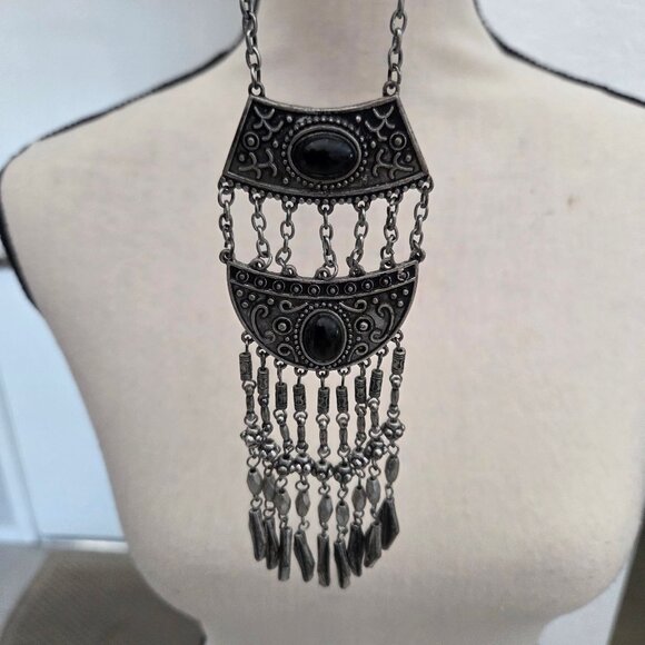 Statement Necklace Long or Short Chain Pendant Silver Black Stone Western Boho - Picture 4 of 6